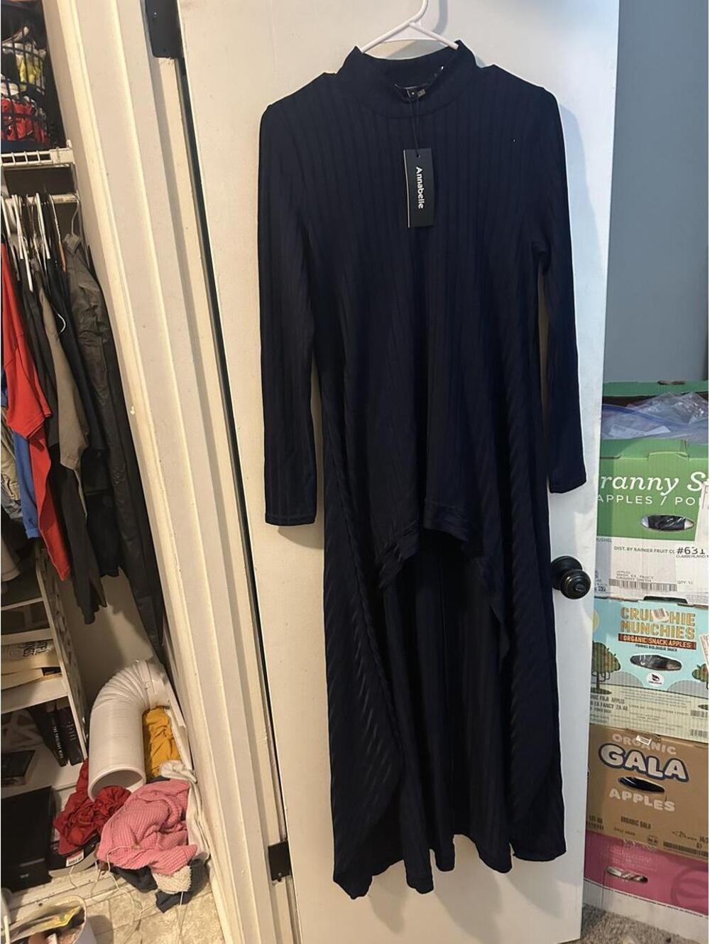 NWT Annabelle navy blue ribbed knit high-low dress with vertical stripes size S